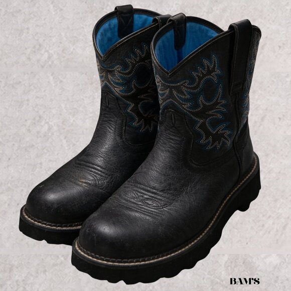 Ariat Fatbaby Black Leather Western Boots Blue Stitch | Women’s 9.5B | Lug Sole - Picture 6 of 9